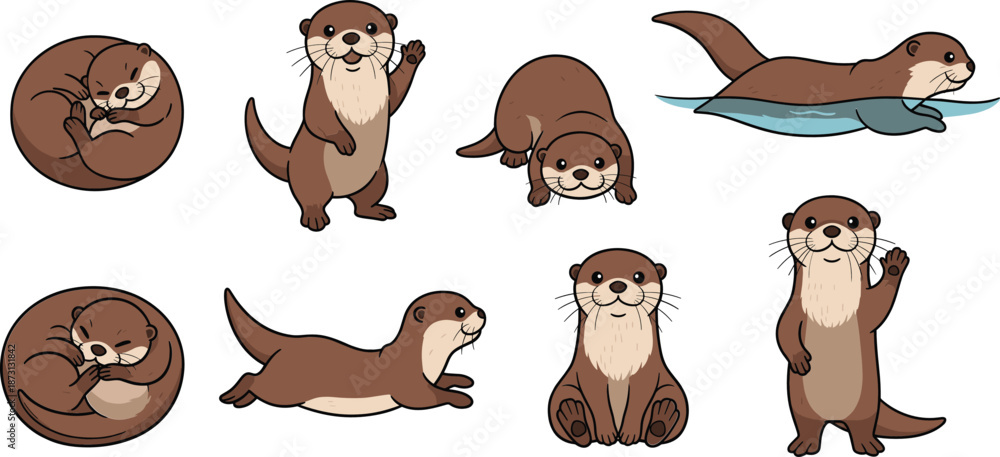 Εκτύπωση καμβά Cute cartoon otter character set showing playful poses, animal mascot vector ill