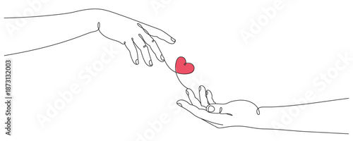 Vector illustration in line art style: two hands holding a heart. Editable line