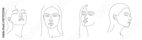 A set of single-line vector female faces. Modern graphics, executed in a single line. Concept of female beauty and fashion, minimalist style. Editable line.