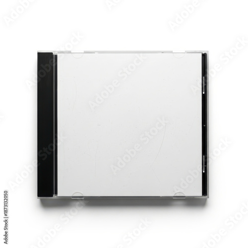Blank white CD jewel case with black spine and scratched plastic texture isolated on white background top view