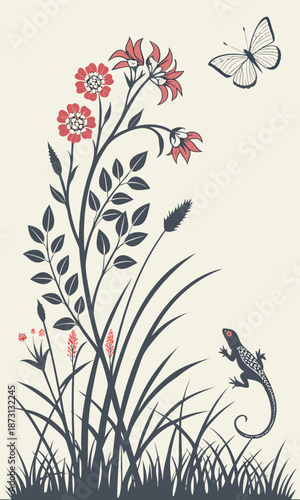 Elegant Floral Arrangement with Butterfly and Lizard Illustration.