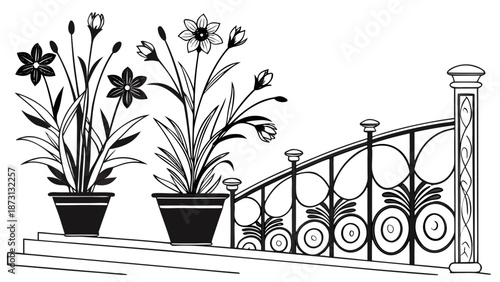 Elegant Floral Arrangement with Decorative Railing Illustration.