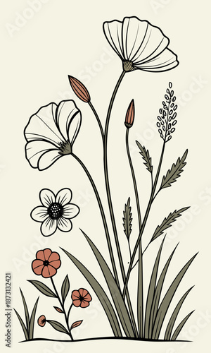 Elegant Floral Illustration with Cattails and Red Flowers.