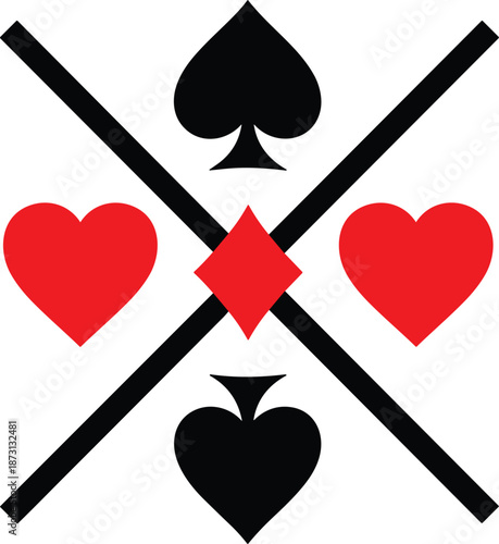 Creative playing card suits design featuring red hearts and diamond with black spades arranged on a crossed line background.