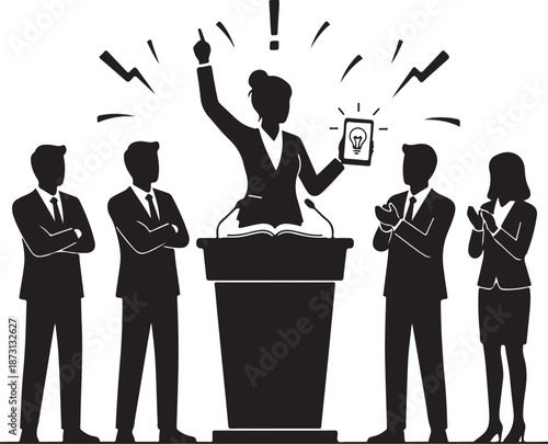 Dynamic business leader giving an inspiring presentation or motivational speech with innovative ideas, engaging an applauding audience at a conference or seminar