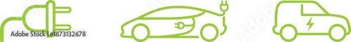 Electric vehicle charging icons set featuring green power plug eco car models and sustainable energy transportation technology symbols.