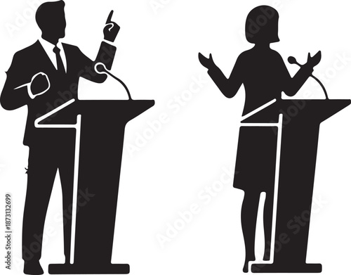 Male and Female Speakers at Podiums Representing Public Speaking, Debate, or Conference Presentation