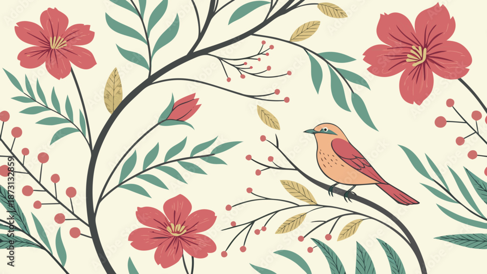 Fototapeta premium Floral Bird Illustration with Blossoms and Foliage.