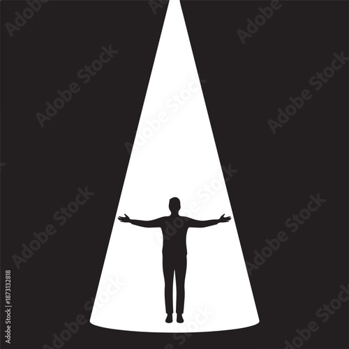 Silhouette of a person, performer or speaker, standing on stage in a bright spotlight, addressing an audience. Concept of presentation, public speaking, or solo performance