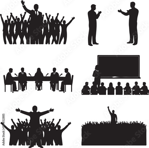 Leadership and Motivation Vector Silhouettes of Public Speakers, Award Ceremonies, and Team Coaching Events with Audience