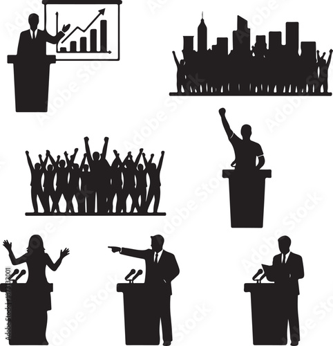 Vector Silhouettes of Public Speakers, Engaged Audiences, and Dynamic Presentations covering Business Meetings, Political Rallies, and Communication Concepts