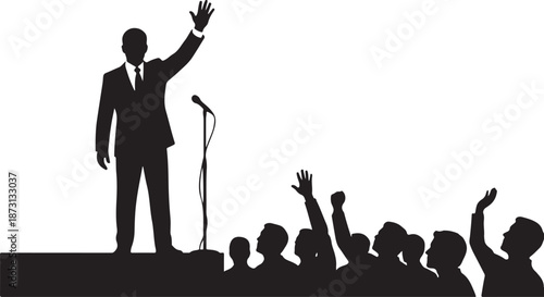 Silhouette of a Speaker or Politician Addressing an Enthusiastic Crowd with Raised Hands at a Rally, Conference, or Public Event