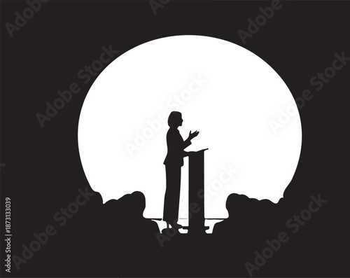 Dynamic silhouette of a female speaker delivering a powerful speech at a podium on stage, bathed in a bright spotlight, addressing a large unseen audience, symbolizing public speaking, lectures, or co