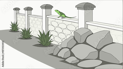 Iguana on a Stone Wall with Plants Illustration.
