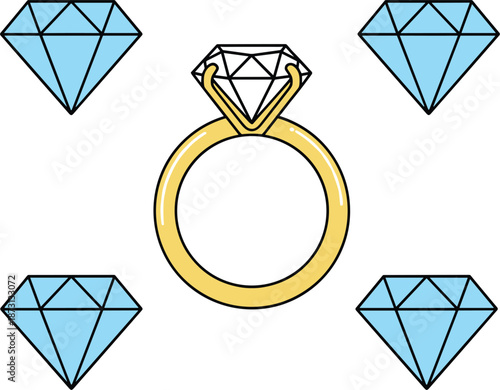 Golden diamond engagement ring surrounded by blue sparkling gemstones for wedding proposals jewelry design and luxury gift concepts.