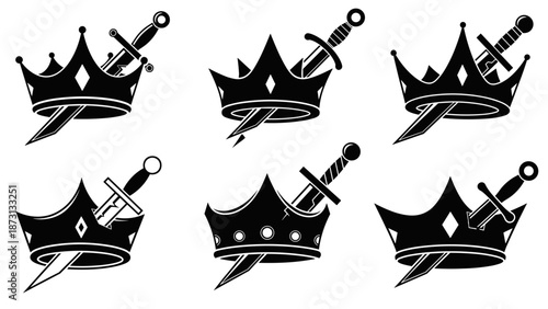 Set of black crowns with daggers, royal power and rebellion symbols.
