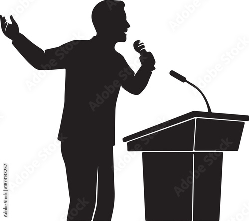 Man giving a public speech at a podium, silhouette of an orator speaking confidently into a microphone during a presentation or conference, political address, or lecture event
