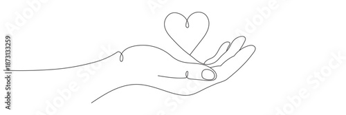One line drawing of a hand holding a heart, isolated on a white background.Editable line