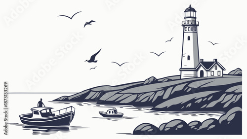 Monochrome Lighthouse Scene with Boats and Seagulls.