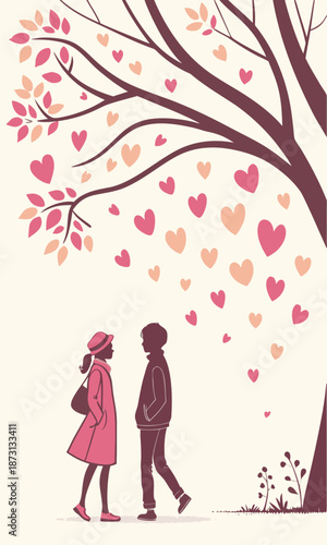 Romantic Encounter Under a HeartFilled Tree A Valentines Day Illustration.