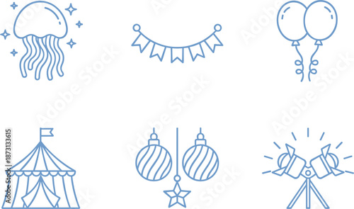 Blue linear icon set featuring a jellyfish festive bunting balloons circus tent hanging ornaments and stage spotlight equipment.