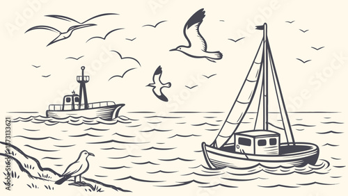 Seascape Sketch Boats Birds and Coastal Serenity.