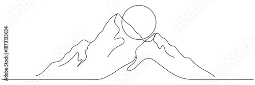 A single line drawing of a mountain range and sun, isolated on a white background. Vector illustration. Editable line