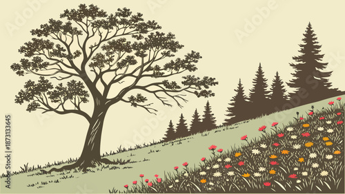 Serene Landscape with Tree Flowers and Evergreen Forest.
