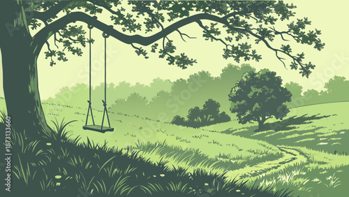 Serene Landscape with Tree Swing A Peaceful Green Retreat.
