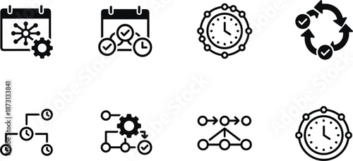 Business productivity and time management icons set featuring calendar schedule workflow process and strategic project planning for efficiency.