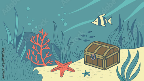 Underwater Treasure Chest Scene with Fish and Coral.