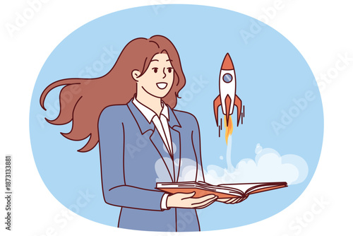 Businesswoman near rocket taking off from book symbolizing development of company or successful career in large corporation. Woman launches startup to develop space tourism and orbit tours