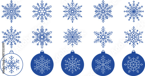 Beautiful collection of blue snowflake icons and winter holiday ornaments featuring intricate geometric crystal designs for seasonal decorations.