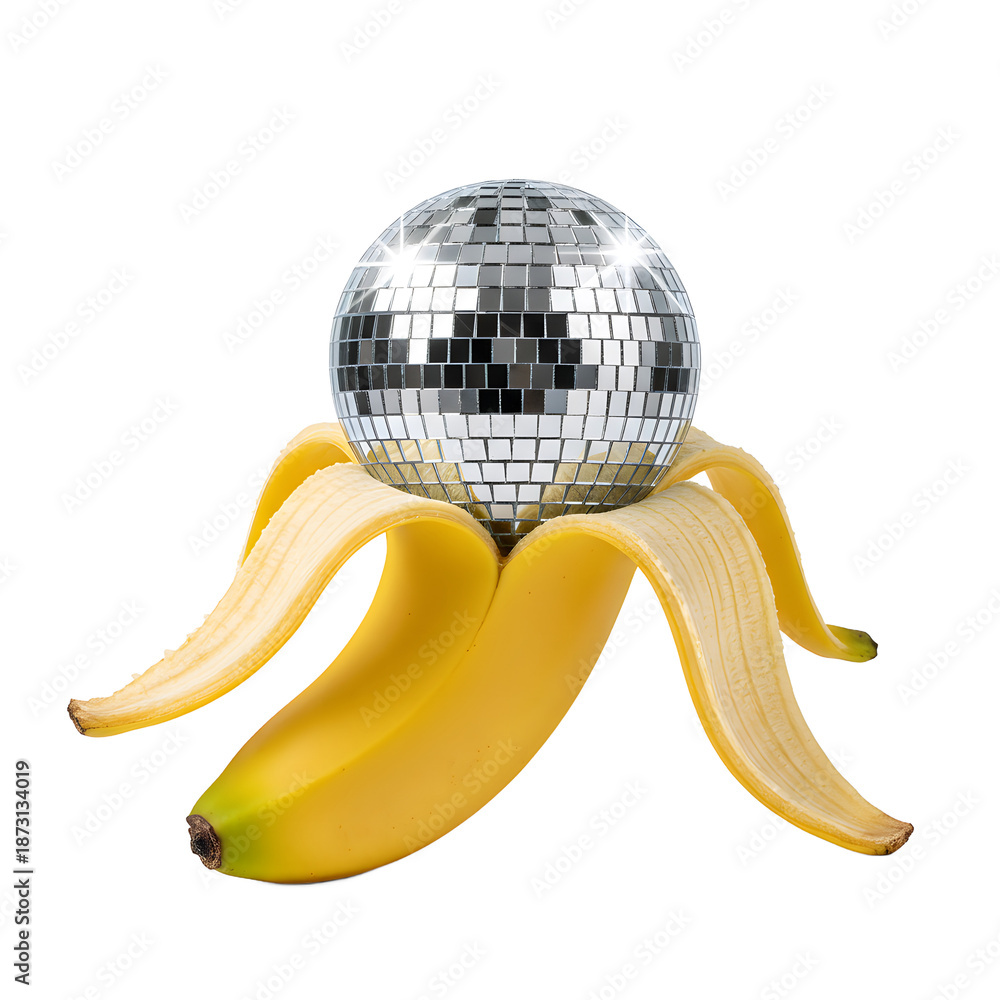 Fototapeta premium Peeled banana revealing a shiny silver disco mirror ball