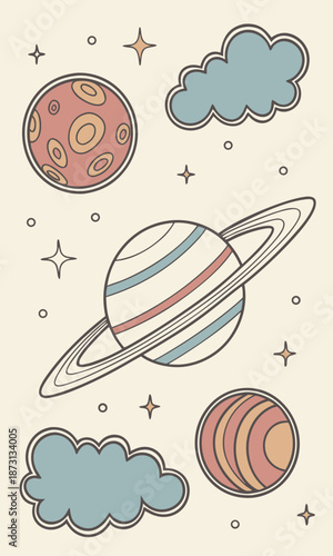 Whimsical Space Scene with Planets Clouds and Stars.