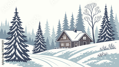Winter Cabin Retreat A Serene Landscape Illustration.