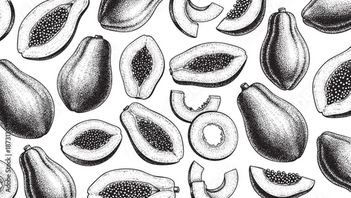 Wooden Engraving Papaya in White Background