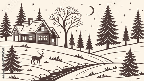 Winter Cabin Scene with Deer and Snowy Landscape.