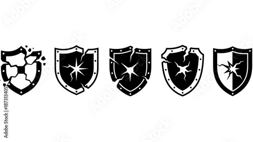 Set of five broken shields in black and white, depicting damage and vulnerability.