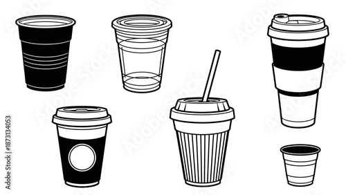 Collection of various disposable coffee cups and beverage containers in outline style.