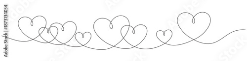 This continuous single-line graphic depicts multiple hearts intertwined with a single black line. Editable line
