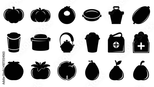 Collection of Black Silhouettes of Fruits Vegetables and Medical Icons.