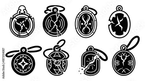 Set of broken magical amulets and pendants with cracks and mystical symbols.