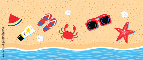 A flat vector illustration collection of summer beach essentials including a surfboard, sunscreen, flip-flops, sunglasses, a beach umbrella, and tropical snacks. Perfect for travel posters, summer sal