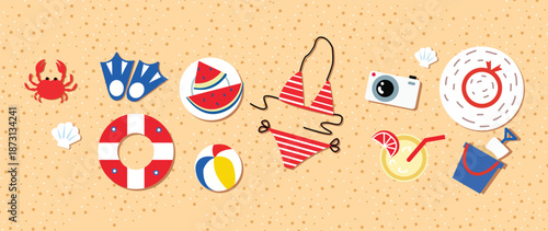 A flat vector illustration collection of summer beach essentials including a surfboard, sunscreen, flip-flops, sunglasses, a beach umbrella, and tropical snacks. Perfect for travel posters, summer sal