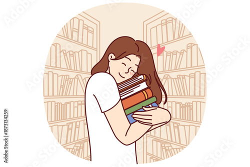 Girl hugs stack of books standing in library or bookstore and rejoicing at opportunity to read lot. Female student bookworm holding books and experiencing happiness anticipating reading