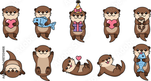Cute otter character set with gifts fish hearts playful poses cartoon aquatic animal mascot vector illustration