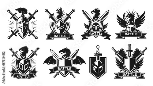 Collection of eight medieval knight emblems with shields, swords, dragons, and helmets, symbolizing battle and strength.