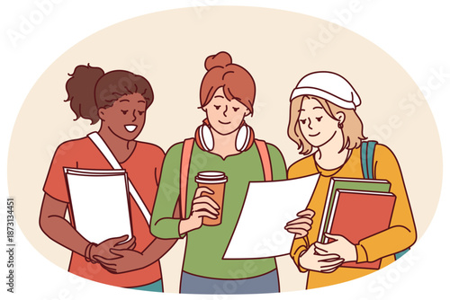 Multiethnic college girls holding books and papers agreeing to study together for exams. Multiethnic female student chatting before starting classes at university discussing extracurricular work