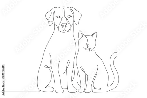 A continuous line drawing of a cat and dog sitting together. A decorative line art logo for a pet store or veterinary clinic. Editable vector illustration.